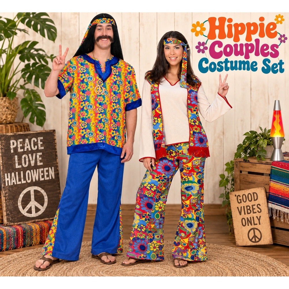 Hippie Couples Halloween Costumes Adult 60s 70s Man Woman Complete Set